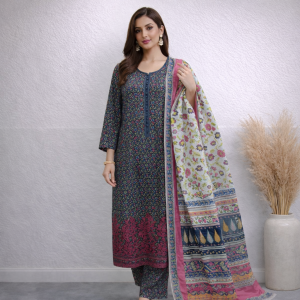 Elegant Printed 3-Piece Cotton Lawn Suit with Floral Dupatta