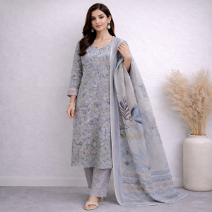 Elegant Sky Blue Floral Printed 3-Piece Cotton Suit with Dupatta